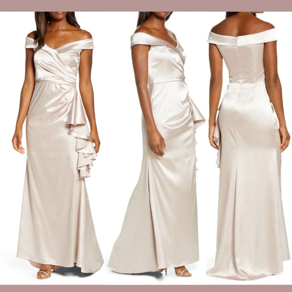 NWT $228 Eliza J [ 6 ] Portrait Collar Off Shoulder Satin Gown in Champagne‎